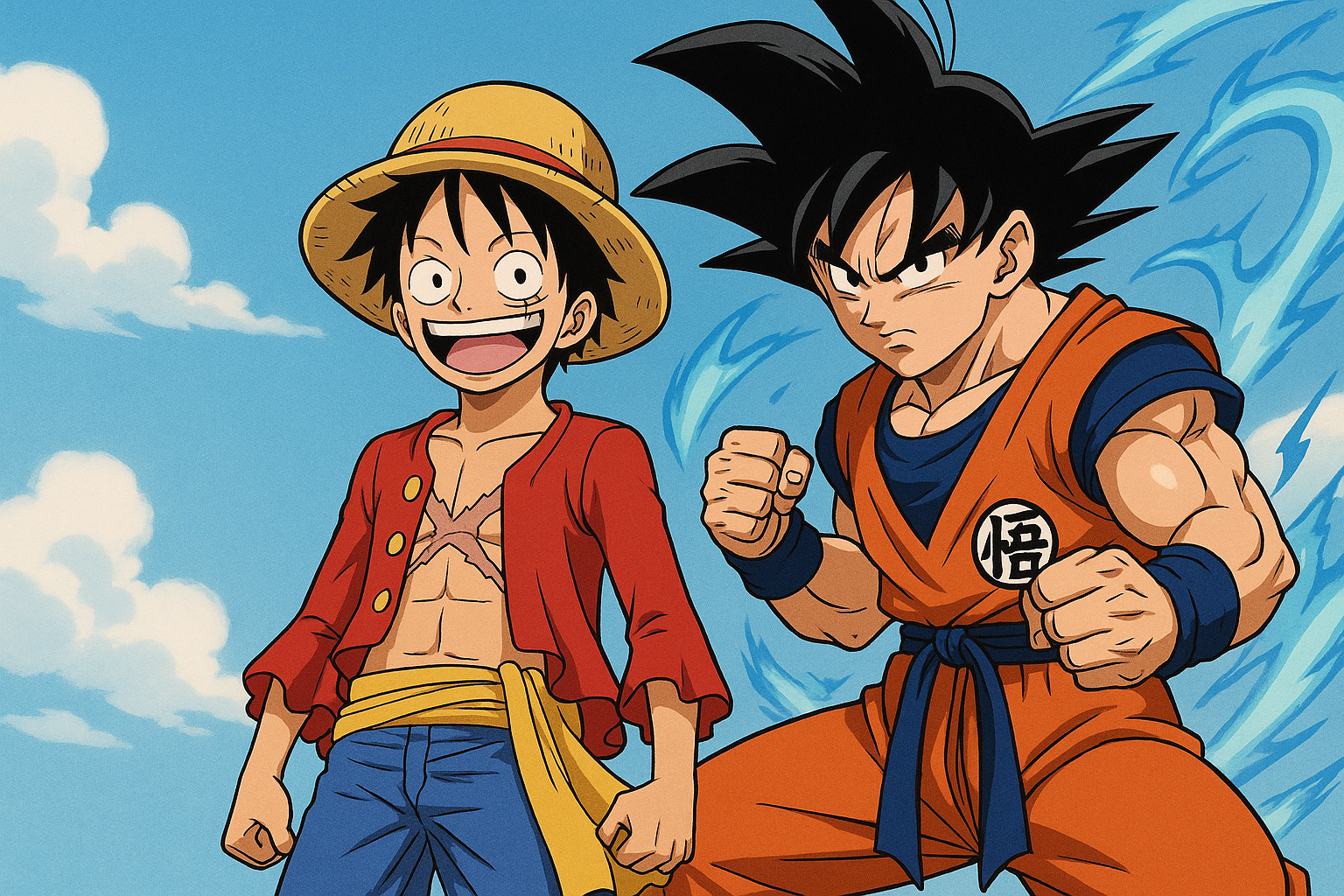 LUFFY AND GOKU BOTH ANIME CHARACTERS ON THE RIGHT SIDE